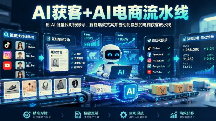 【精】AI获客 + AI电商流水线，带你搭建全链路自动化流程，实现批量内容生产与投放运营闭