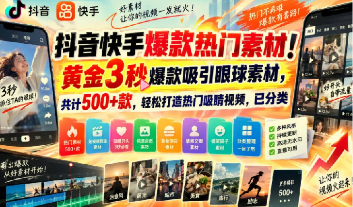 抖音快手爆款热门素材！黄金3秒爆款吸引眼球素材，共计500+款，轻松打造热门吸睛视频，已分类