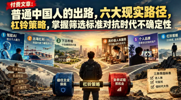 付费文章：普通中国人的出路，六大现实路径，杠铃策略，掌握筛选标准对抗时代不确定性