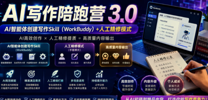 【精】AI写作陪跑营3.0，Ai智能体创建写作skill（workbuddy）+人工手写模式（手搓模式），去除AI痕迹（头条号、公众号、百家号）